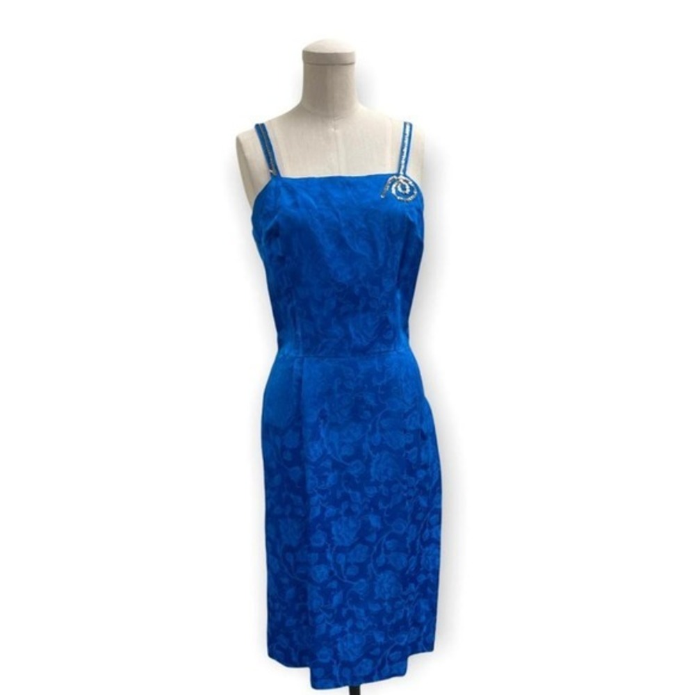 60s Blue Jacquard Floral Pencil Cocktail Dress with Sequins Glam VLV Size XS